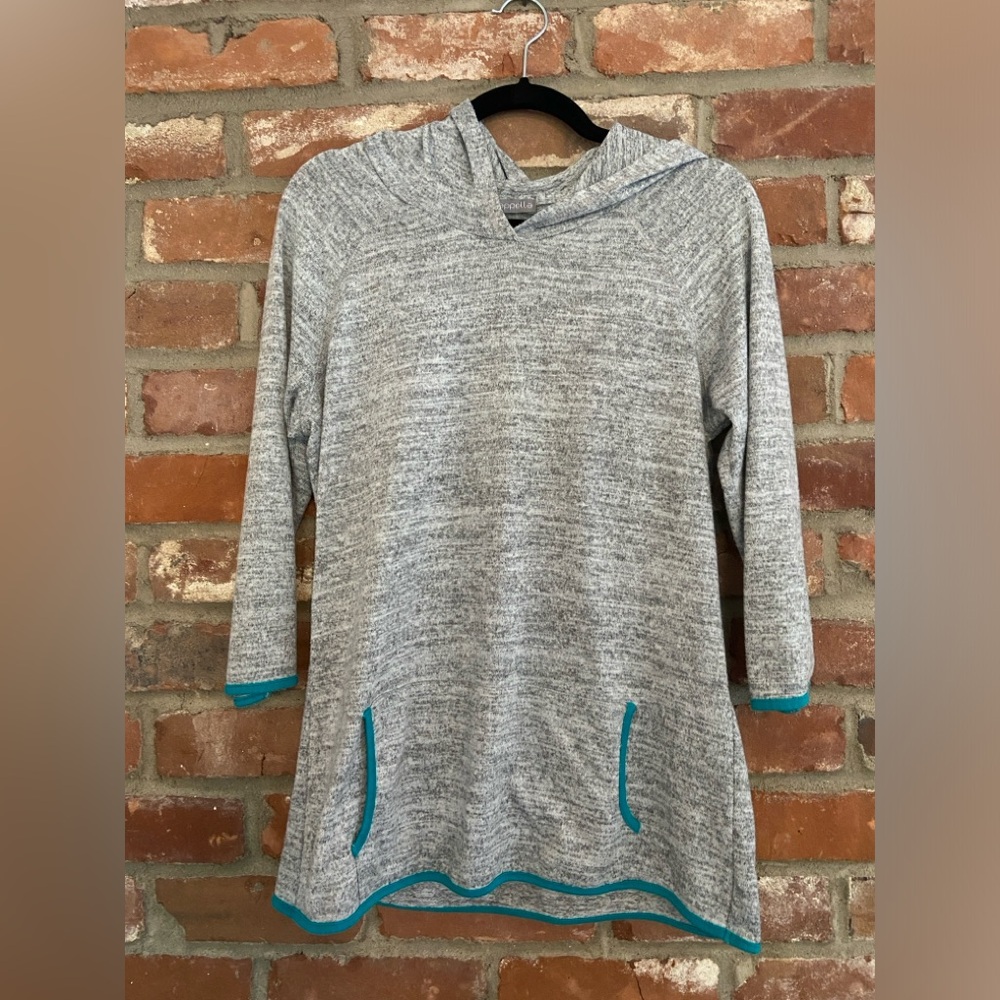 Loveappella Dawnty Pullover Hooded Knit Top Teal Grey Raglan Large